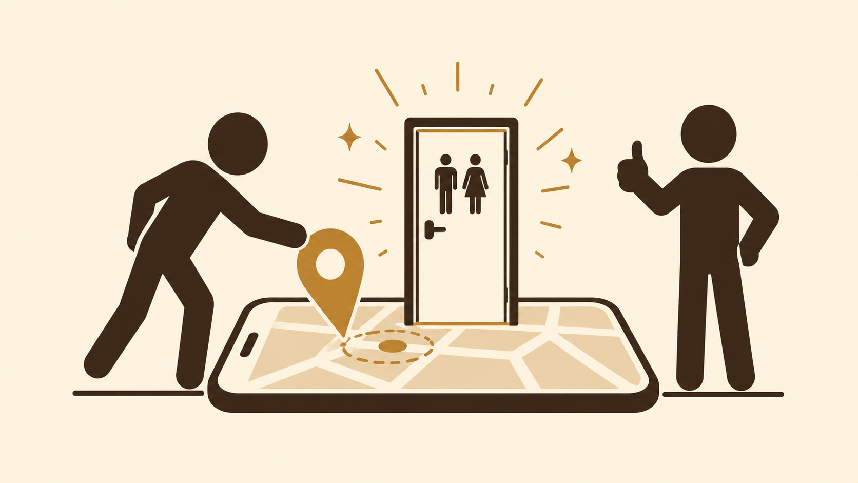 Stick figure placing a pin on a map while another confirms with a thumbs up