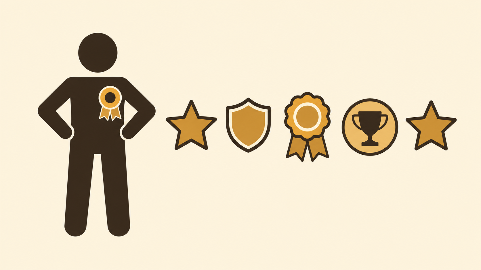 Proud stick figure with medal and floating achievement badges