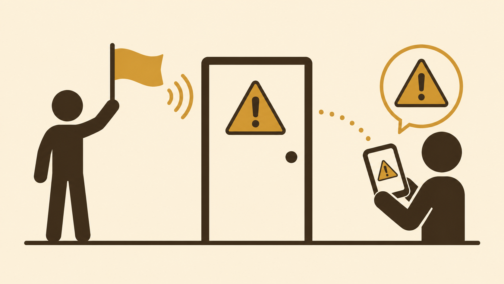Stick figure raising a flag while another sees the warning on their phone