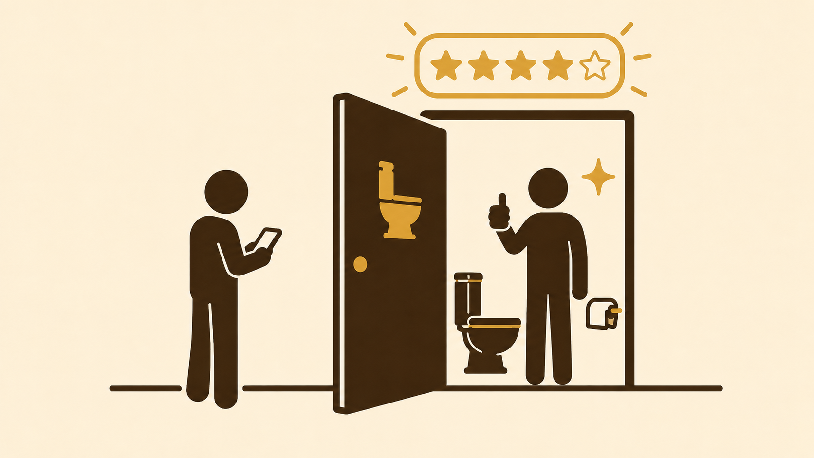 A stick figure checks the LooScore app while another gives a thumbs up inside a top-rated toilet