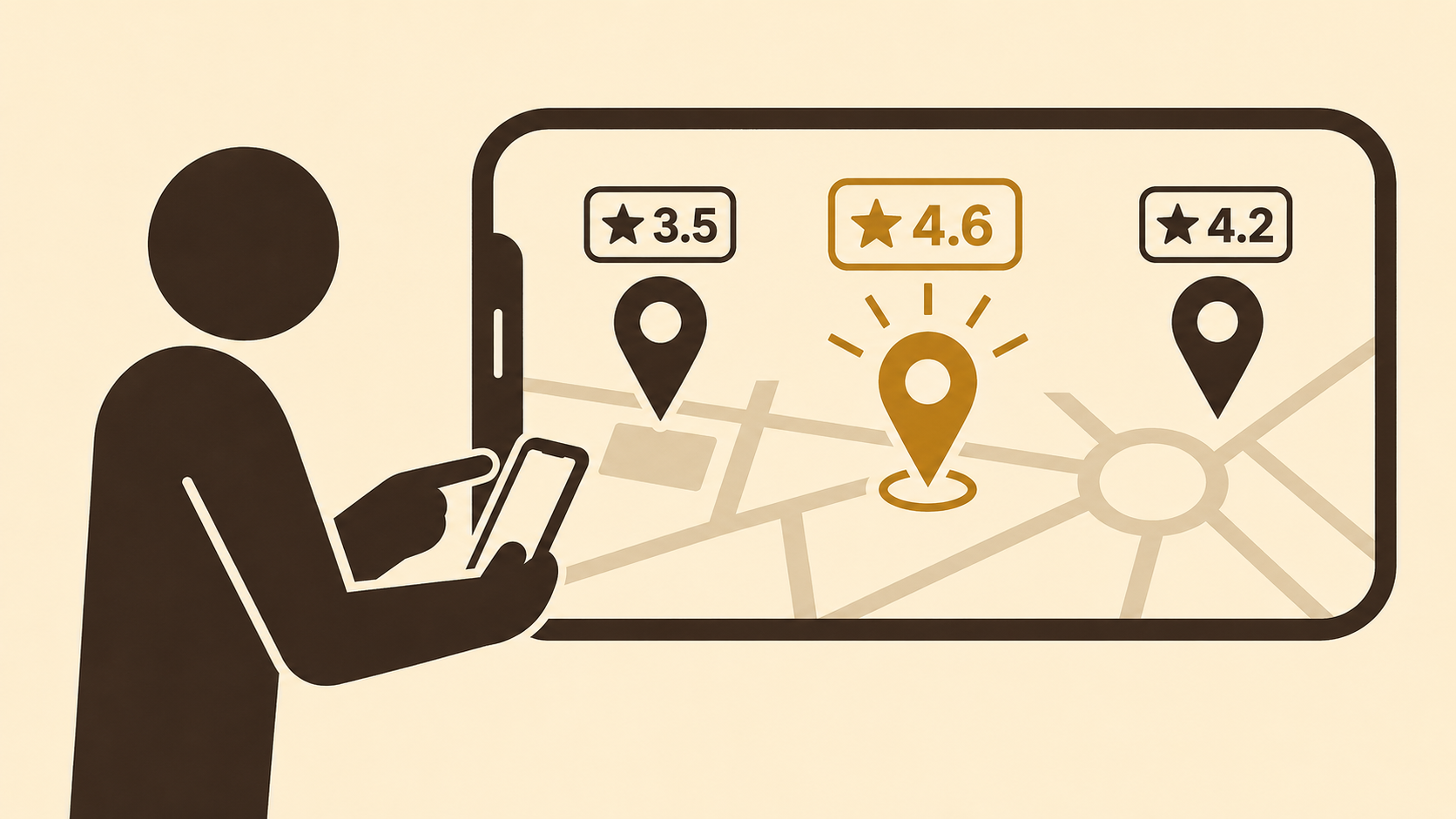 Stick figure browsing a map with rated toilet pins
