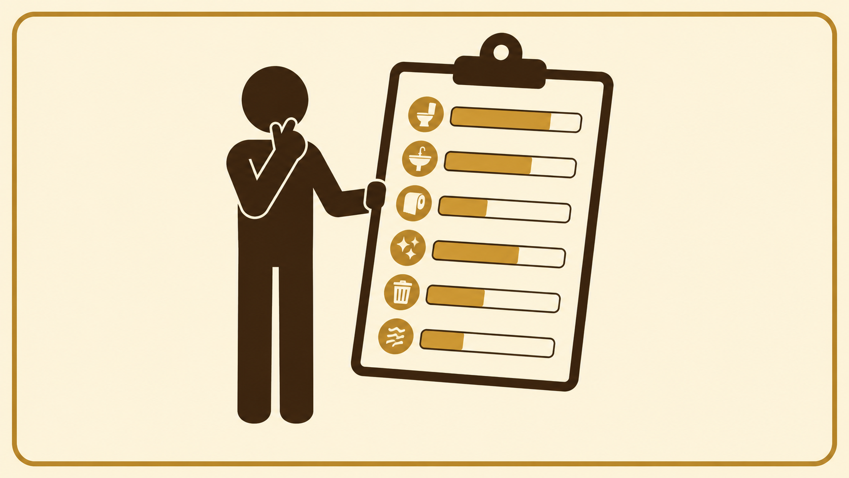 Stick figure studying a clipboard with six rating bars