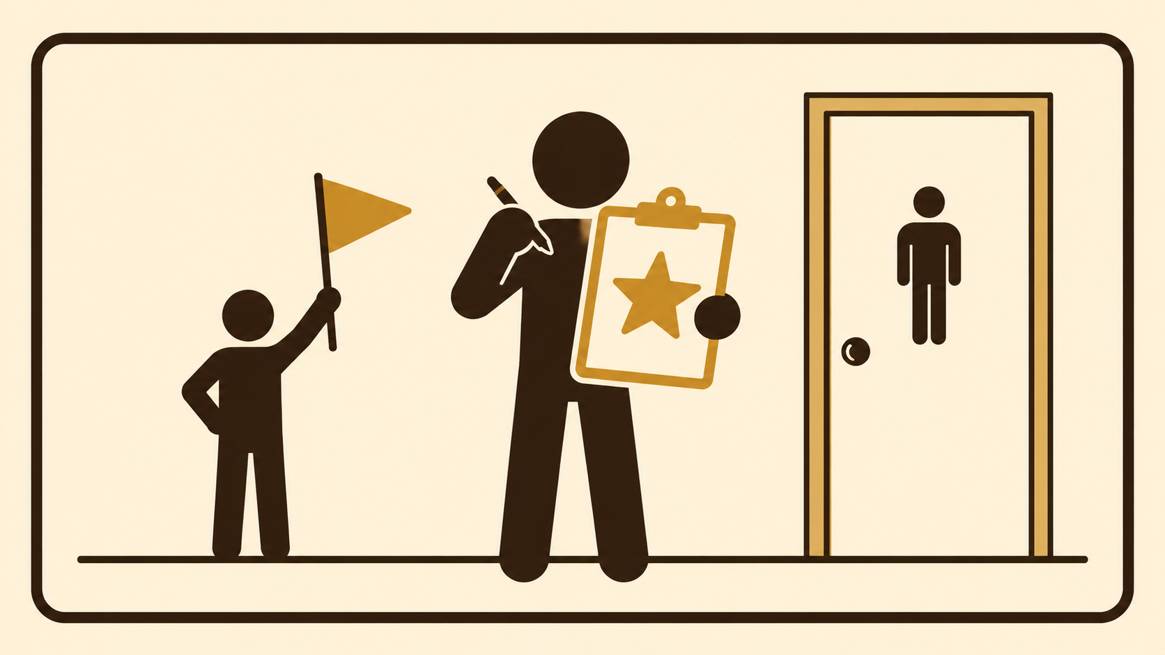 Stick figure holding a scorecard while another waves a report flag