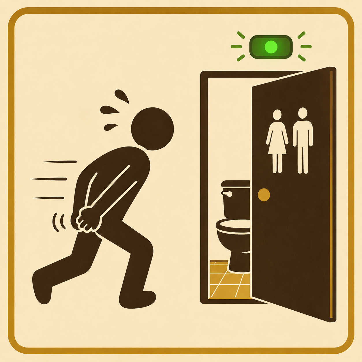 Stick figure rushing to a toilet with a green open indicator
