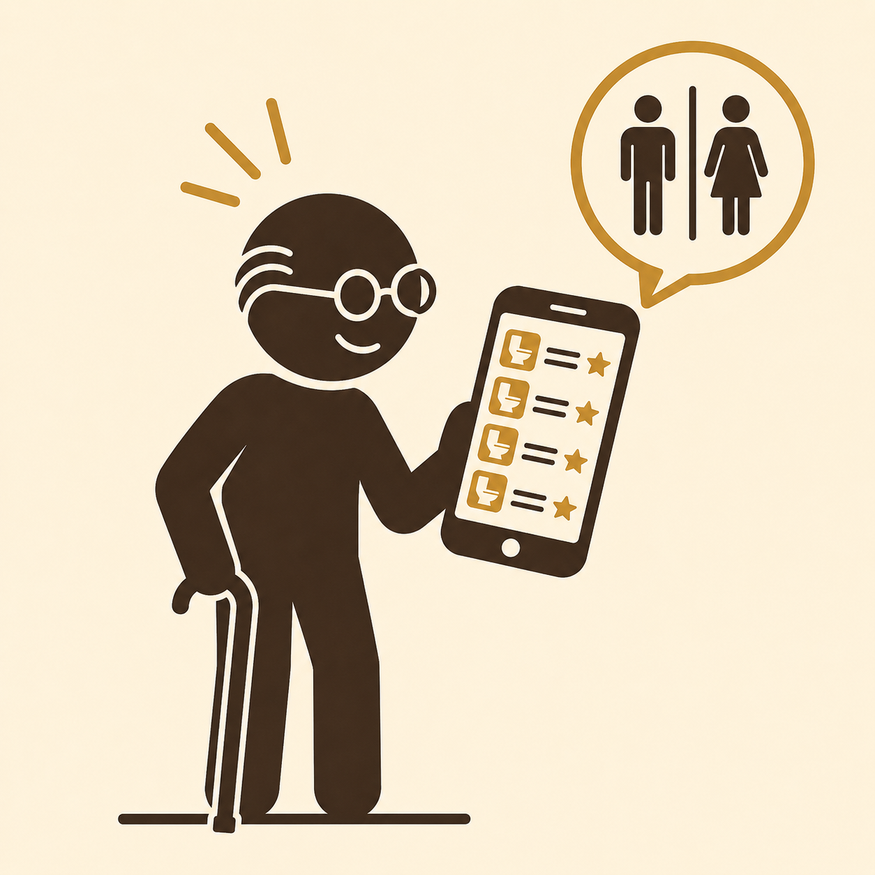 Older person with walking stick and glasses checking favourites on phone
