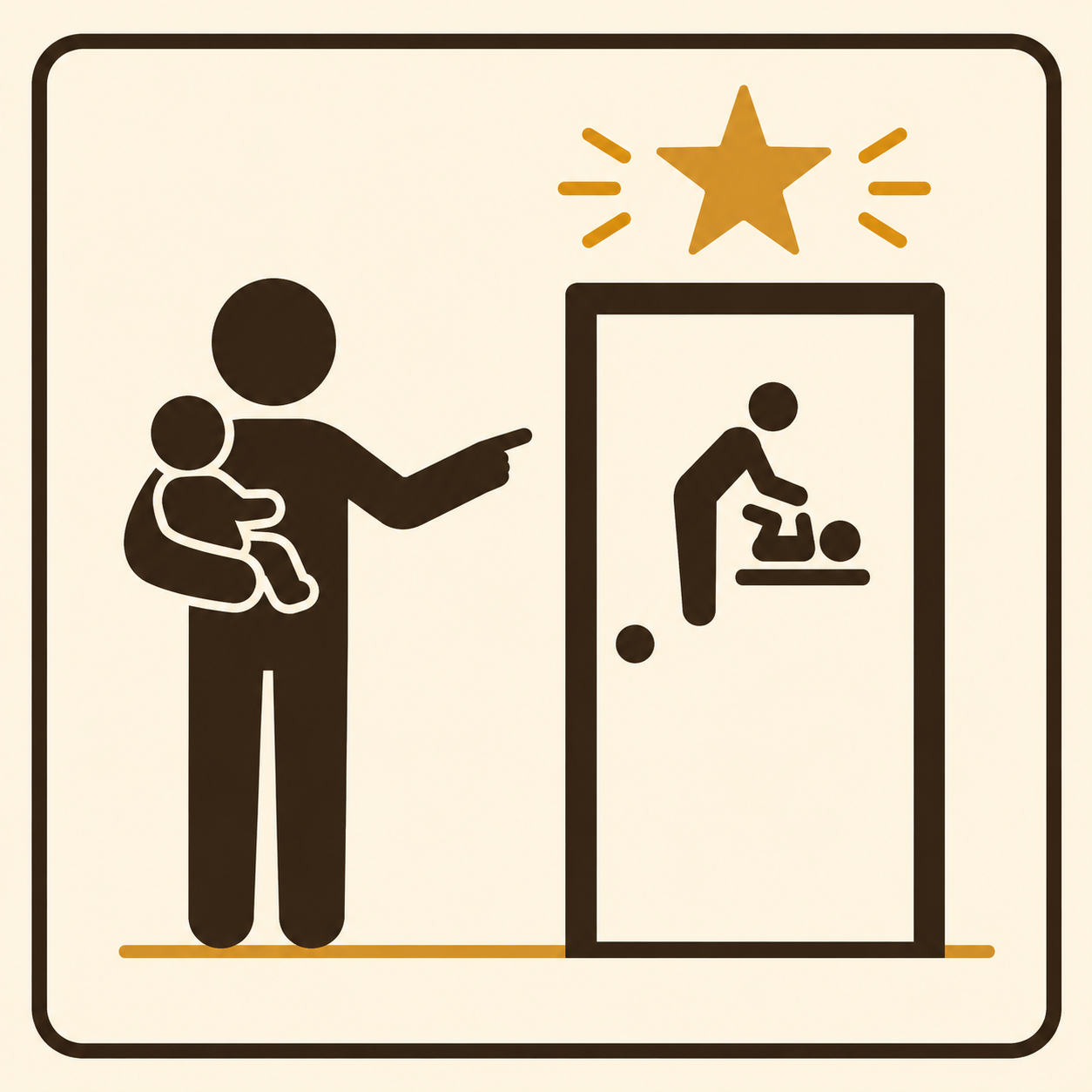 Stick figure holding a baby pointing at a star-rated baby changing room