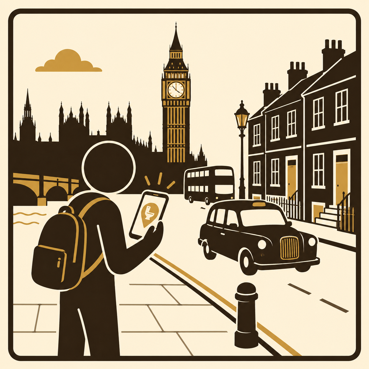 Tourist with backpack checking phone with Big Ben and black cab in background