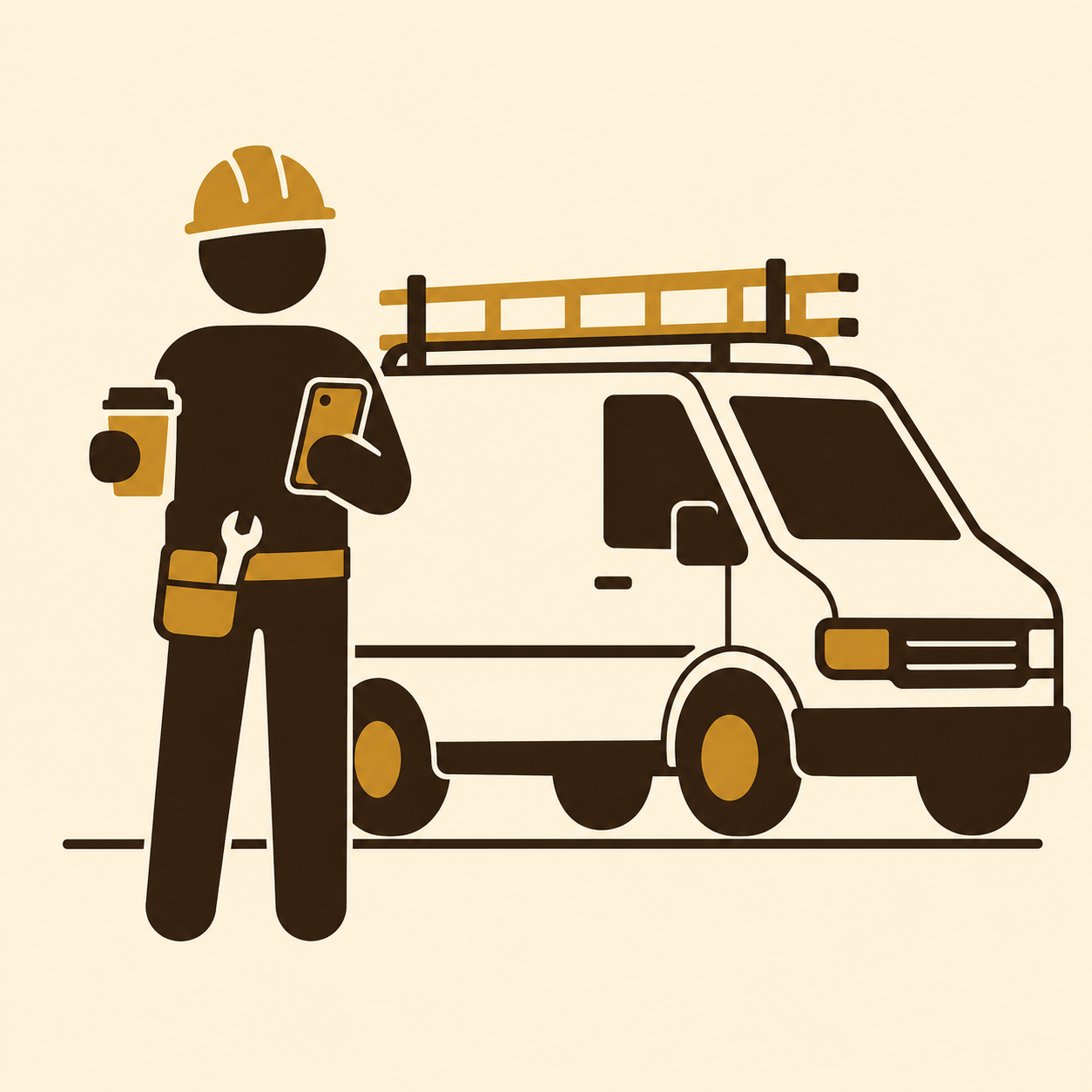 Stick figure in hard hat with coffee and phone next to a work van